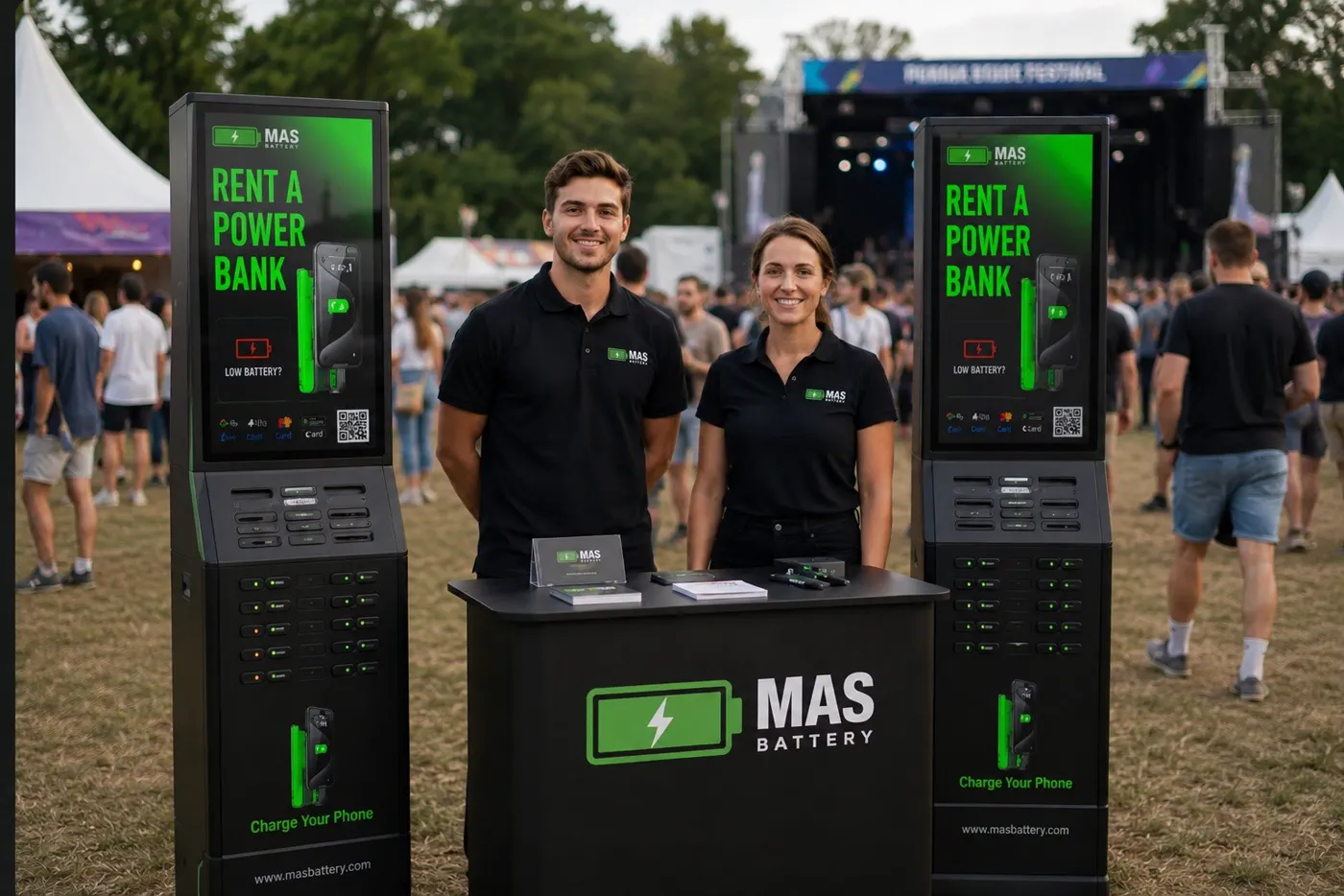MasBattery team with charging stations at an event